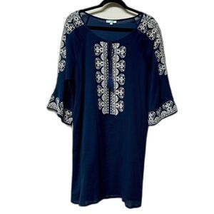 JADE by MELODY TAM Boho Navy Embroidered Tassel Tie Lined Dress, Sz XL
